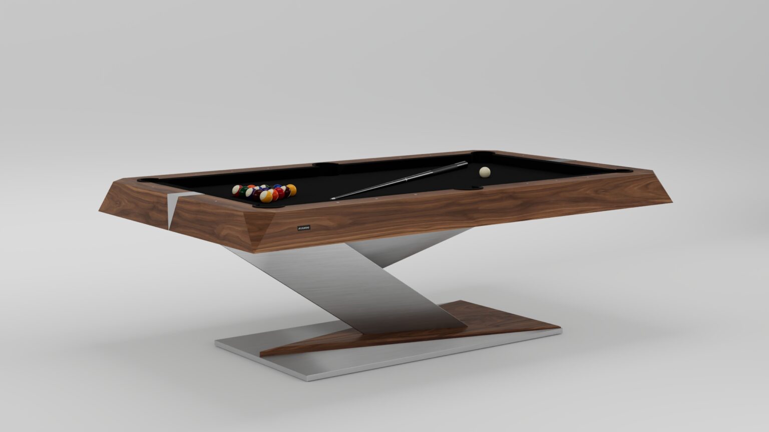 The Mitchell Pool Table features a sleek wooden frame, sturdy metal base, black felt surface, pool balls in a triangle, and cue sticks on the table—an ideal centerpiece for any contemporary game room.