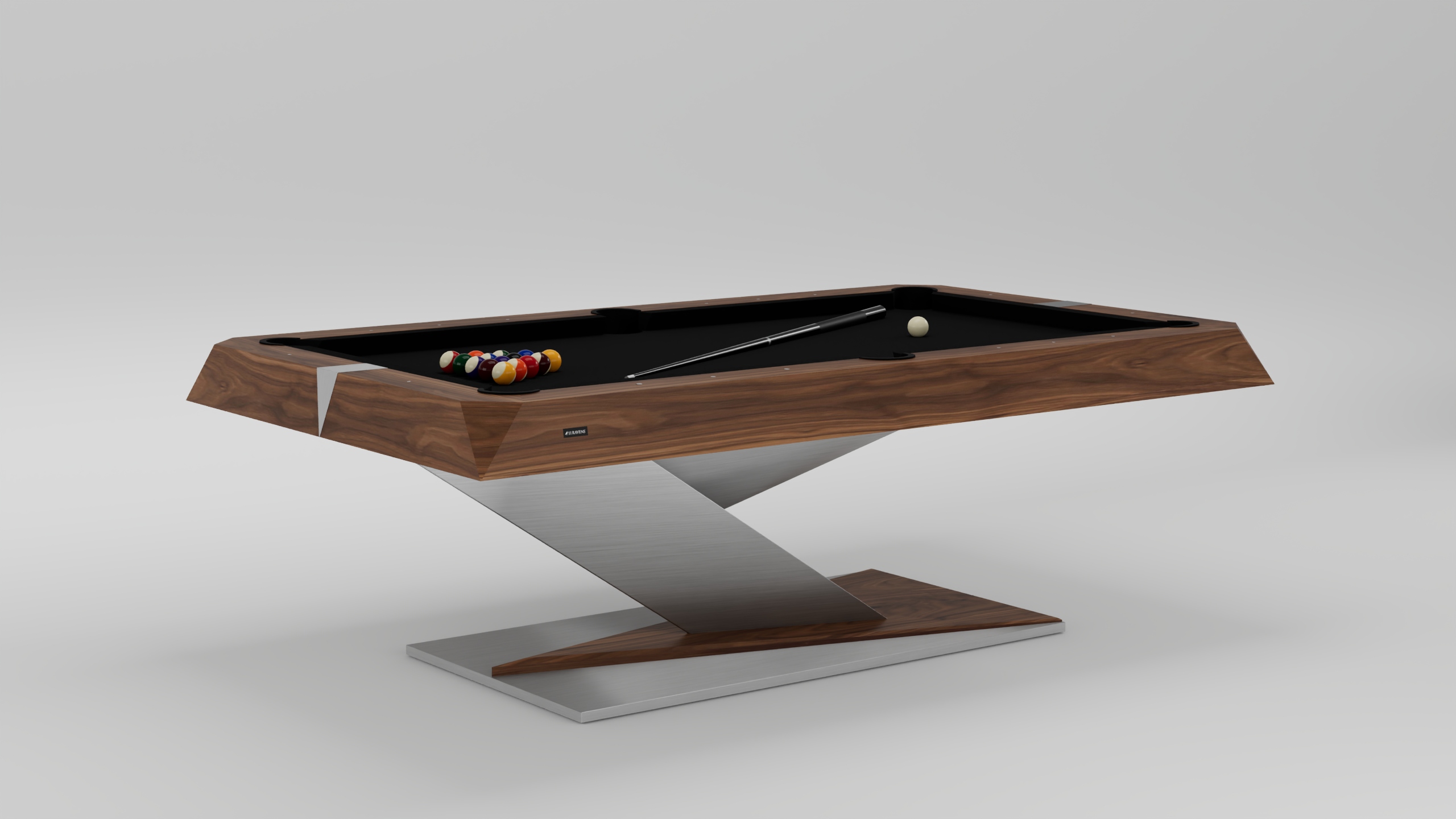 The Mitchell Pool Table features a sleek wooden frame, sturdy metal base, black felt surface, pool balls in a triangle, and cue sticks on the table—an ideal centerpiece for any contemporary game room.