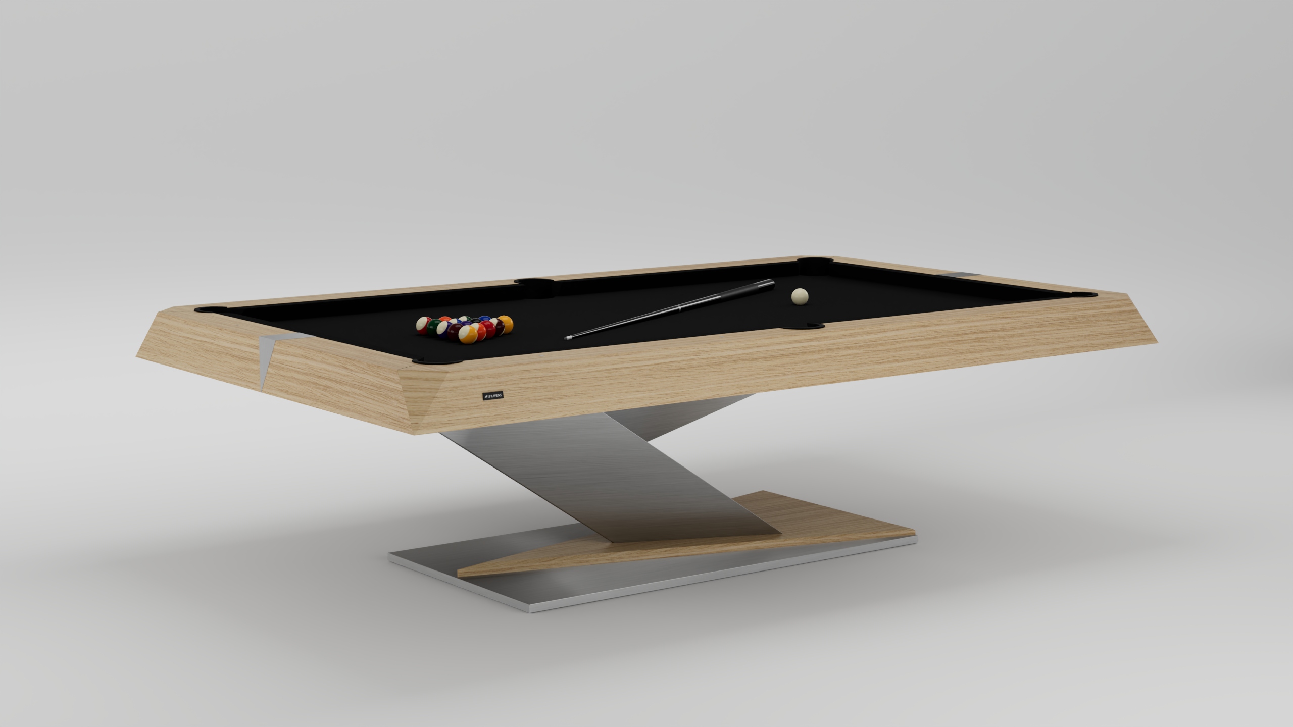 The Mitchell Pool Table features a light wood finish, black felt top, and modern metal base. Pool balls, cue stick, and cue ball rest on the table, all set against a simple light gray background.