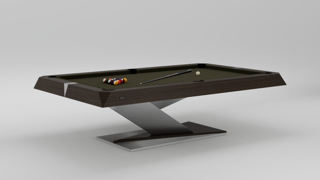 The Mitchell Pool Table features a sleek dark wood finish and an angular metal base, complete with a cue stick, cue ball, and racked billiard balls on the felt surface, all set against a plain background.