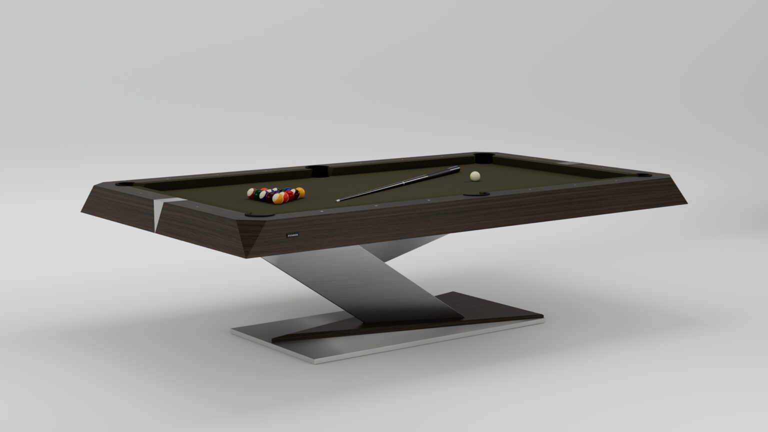 The Mitchell Pool Table features a sleek dark wood finish and an angular metal base, complete with a cue stick, cue ball, and racked billiard balls on the felt surface, all set against a plain background.