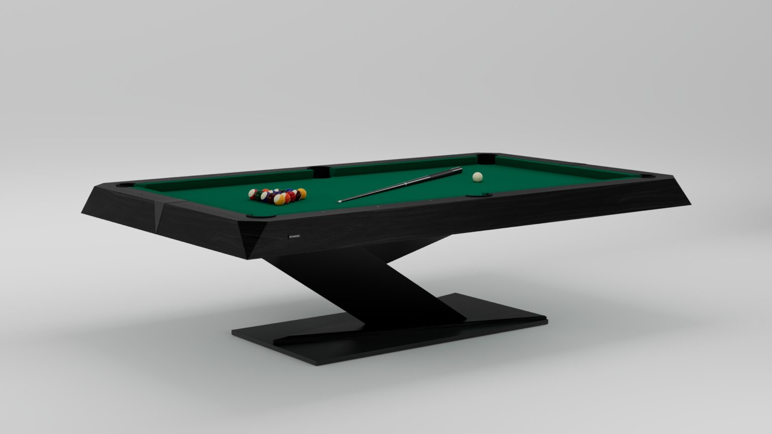 The Mitchell Pool Table showcases a modern black frame, green felt top, cue stick, white cue ball, and racked billiard balls on an angled pedestal base set against a light background.