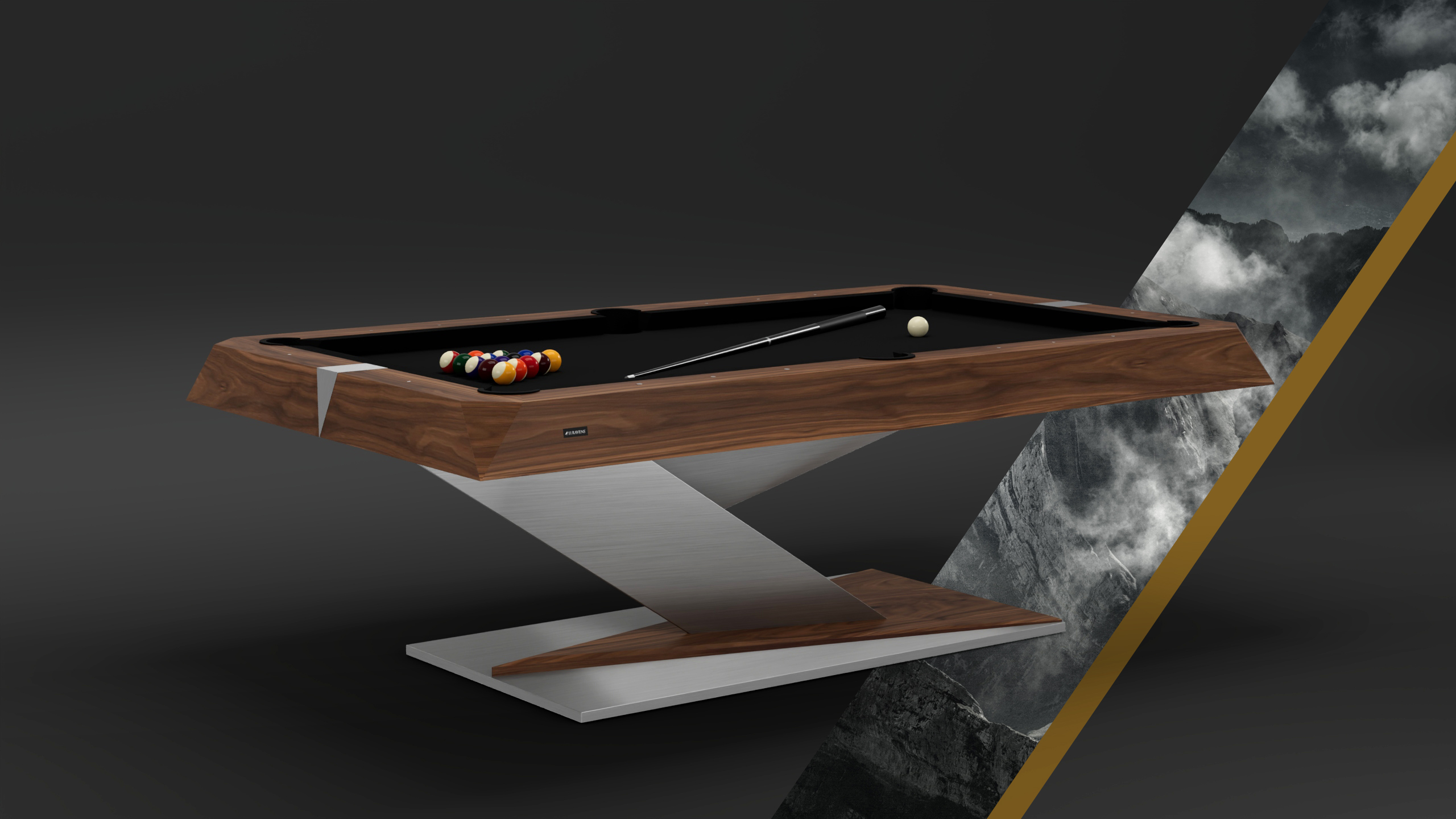 The Mitchell Pool Table features a modern wooden frame and sleek metal base, shown against a dark background with a diagonal strip of cloudy mountains. Balls and a cue stick are arranged on the table.