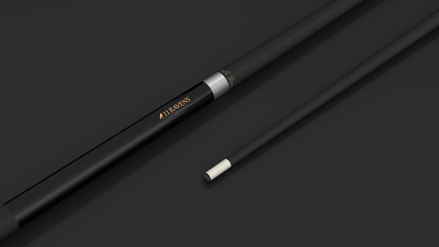 A close-up of a sleek 11R Pool Cue Stick, in black with a white tip and silver ring near the handle, features the brand RAVENS in gold lettering against a dark background, exuding elegance and craftsmanship.