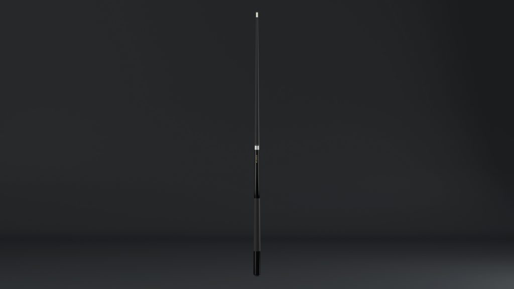 The 11R Pool Cue sticks, with their sleek minimalist design and elongated form, feature a black handle and slender tapered body, positioned against a dark gray background reminiscent of luxury fishing rods.