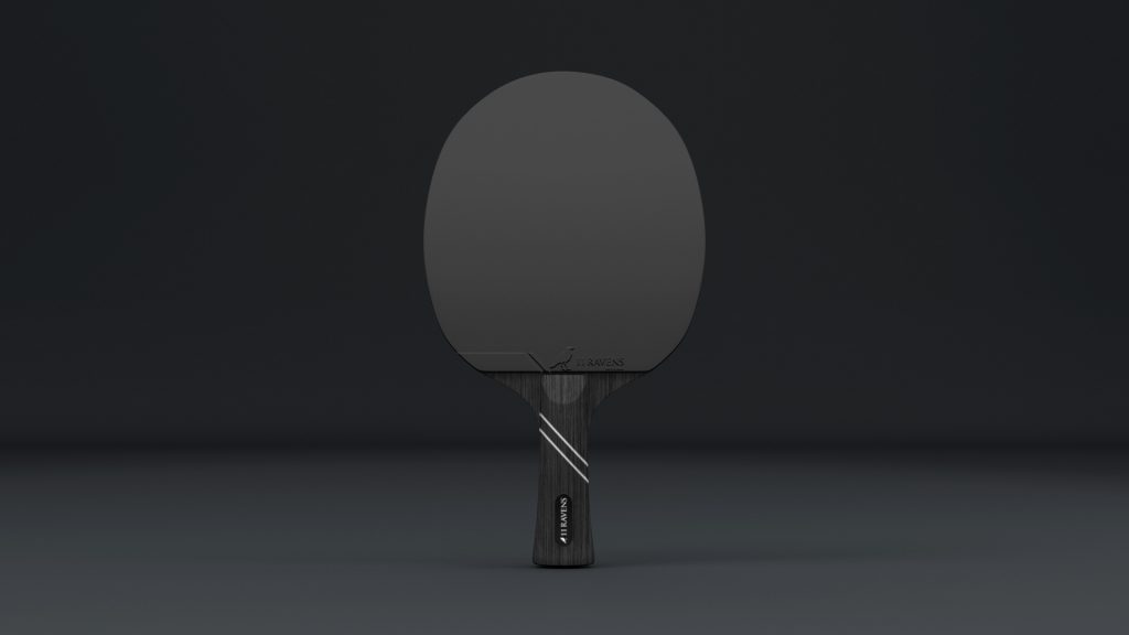 The 11R Racket, a luxury ping pong racket with a sleek and minimalistic design, is centered against a dark background.