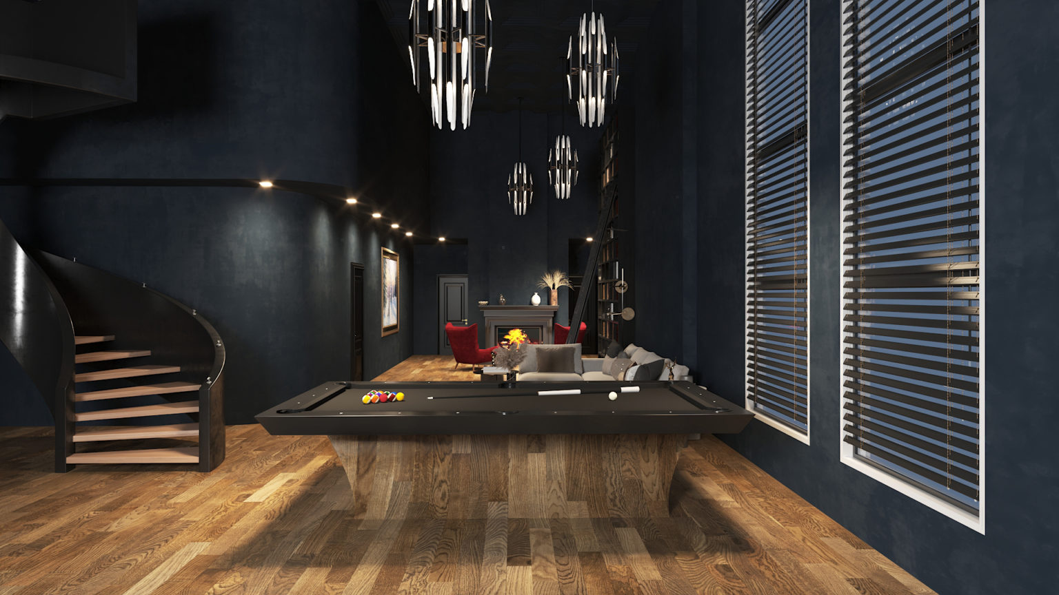 A stylish living space features the luxury Sonami Table, a black pool table at its center, surrounded by modern lighting fixtures. A spiral staircase is on the left, and a seating area with red chairs graces the background. Tall windows with blinds line the right wall.