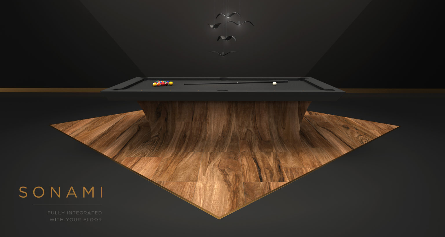 In a dim room, the Sonami Table, a modern luxury piece with an integrated wooden base, showcases a cue stick and billiard balls. In the corner, Fully Integrated with Your Floor is displayed.