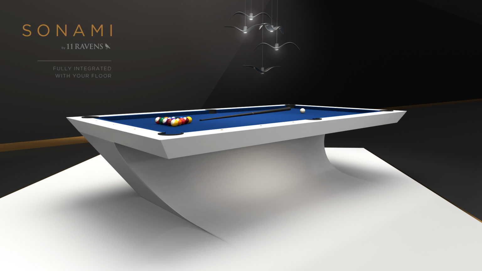 The Sonami Table, by 11 Ravens, embodies luxury with its modern wave-like white base on a dark floor. The blue felt top is game-ready, while bird-shaped hanging lights enhance the elegance.