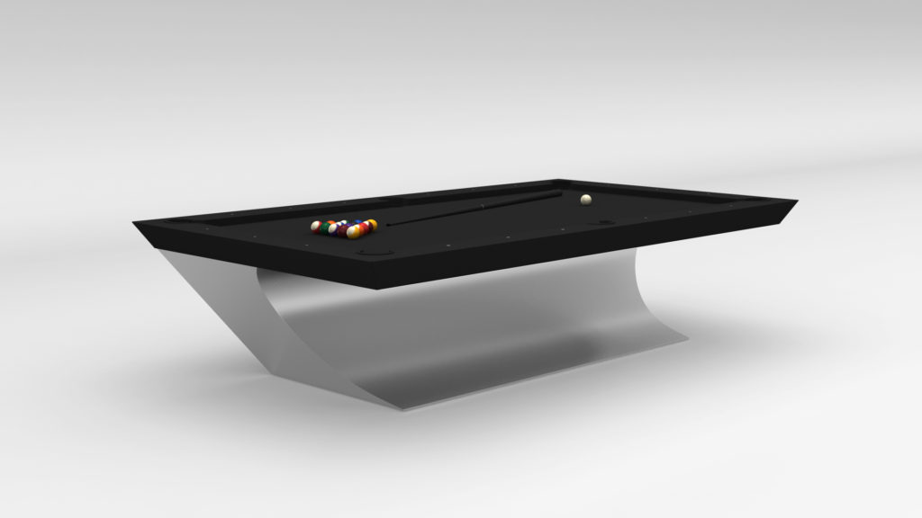 The Sonami Table, a modern black pool table with a metallic curved base, epitomizes luxury game tables. A set of vibrant billiard balls is perfectly arranged with the cue ball apart, all on a light gray background that enhances its sophisticated allure.