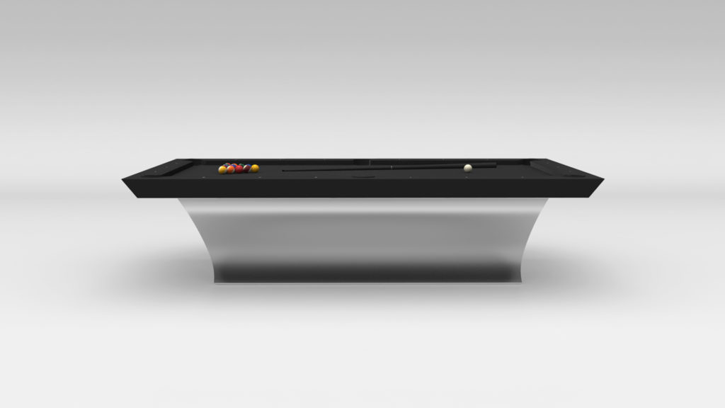 The Sonami Table is a luxury game table with a sleek black playing surface and a metallic base. It includes a cue stick and several billiard balls, elegantly displayed against a plain gray background.