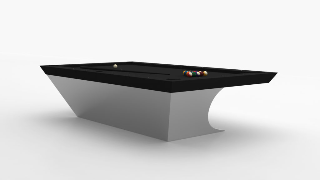 The Sonami Table is a modern luxury game table featuring a sleek black top and unique curved metallic base. This sophisticated pool table comes with billiard balls, including colored ones and a single white cue ball, all perfectly arranged on the surface.