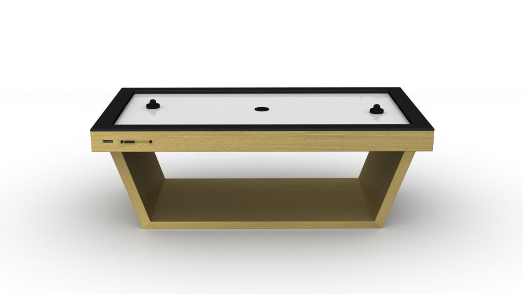 The Mesa Air Hockey Table features a modern design with a light wood base, black trim, white playing surface, two paddles, center goal hole, and an open shelf underneath.