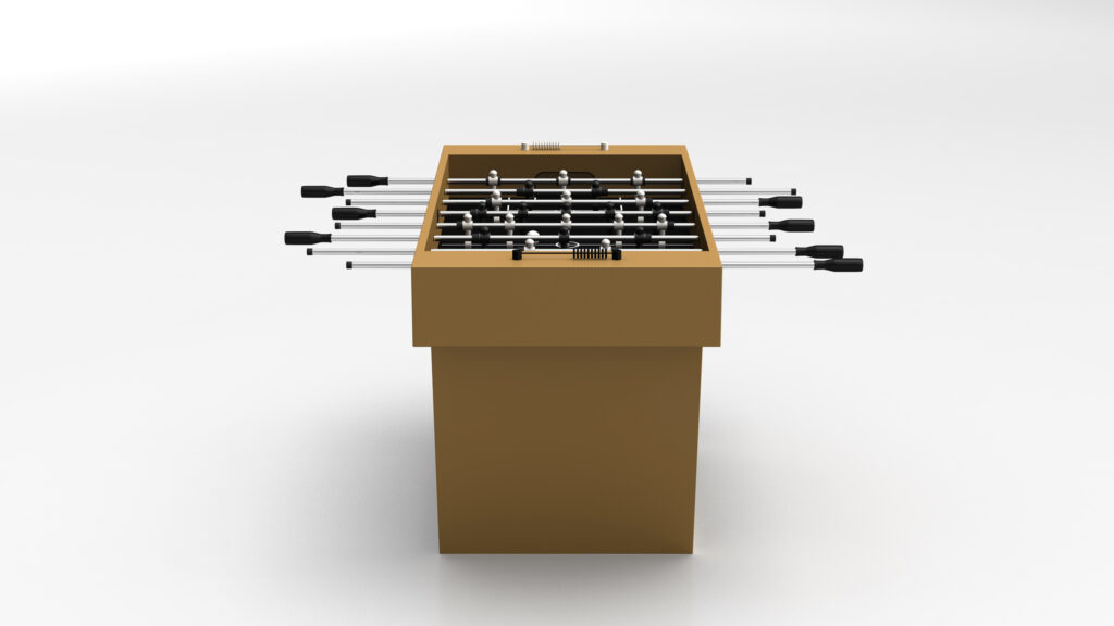 The Mesa Foosball Table in tan is shown from one end, with its handles and rods extending outward and black-and-white players on the field, set against a plain white background.