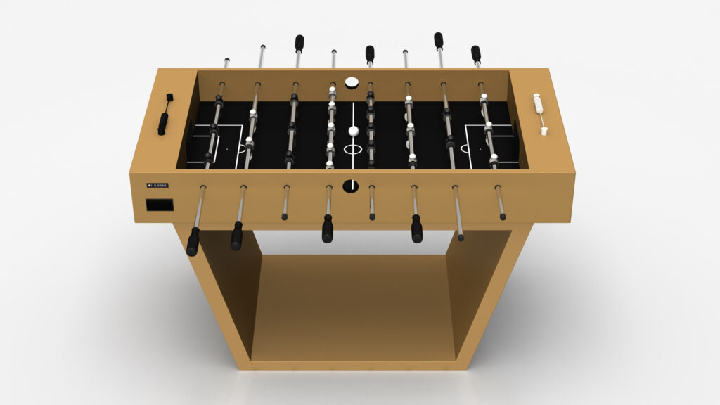 The Mesa Foosball Table features a wooden base, black playing surface, metal rods with black and white player figures, black handles, and a ball on the field for a modern luxury look.