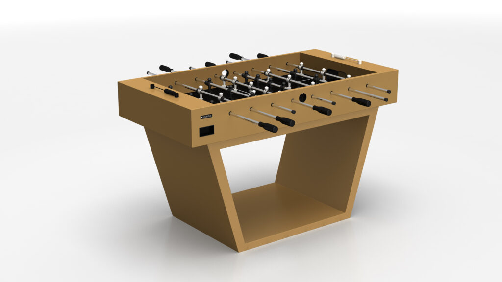 The Mesa Foosball Table features a modern design with a light brown, angular base and black handles, displayed on a plain white background.
