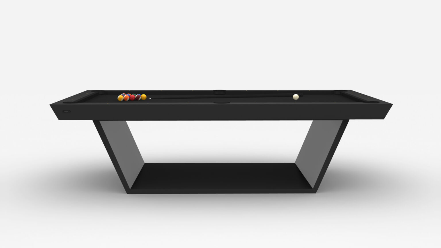The Mesa Pool Table is a luxurious black game table with a sleek, minimalist design. Its angular, open frame features a V-shaped support. Billiard balls are neatly arranged on the table, while the cue ball sits apart—a prime example of luxury and style.