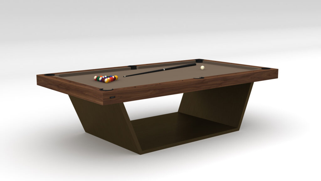 The Mesa Pool Table features a wooden base with a tan surface adorned with a triangle of billiard balls, a cue stick, and a white cue ball. Its sleek, modern design offers minimalism and luxury against the plain white background.