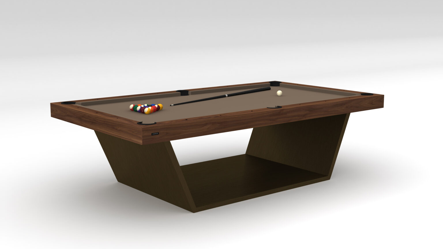 The Mesa Pool Table features a wooden base with a tan surface adorned with a triangle of billiard balls, a cue stick, and a white cue ball. Its sleek, modern design offers minimalism and luxury against the plain white background.