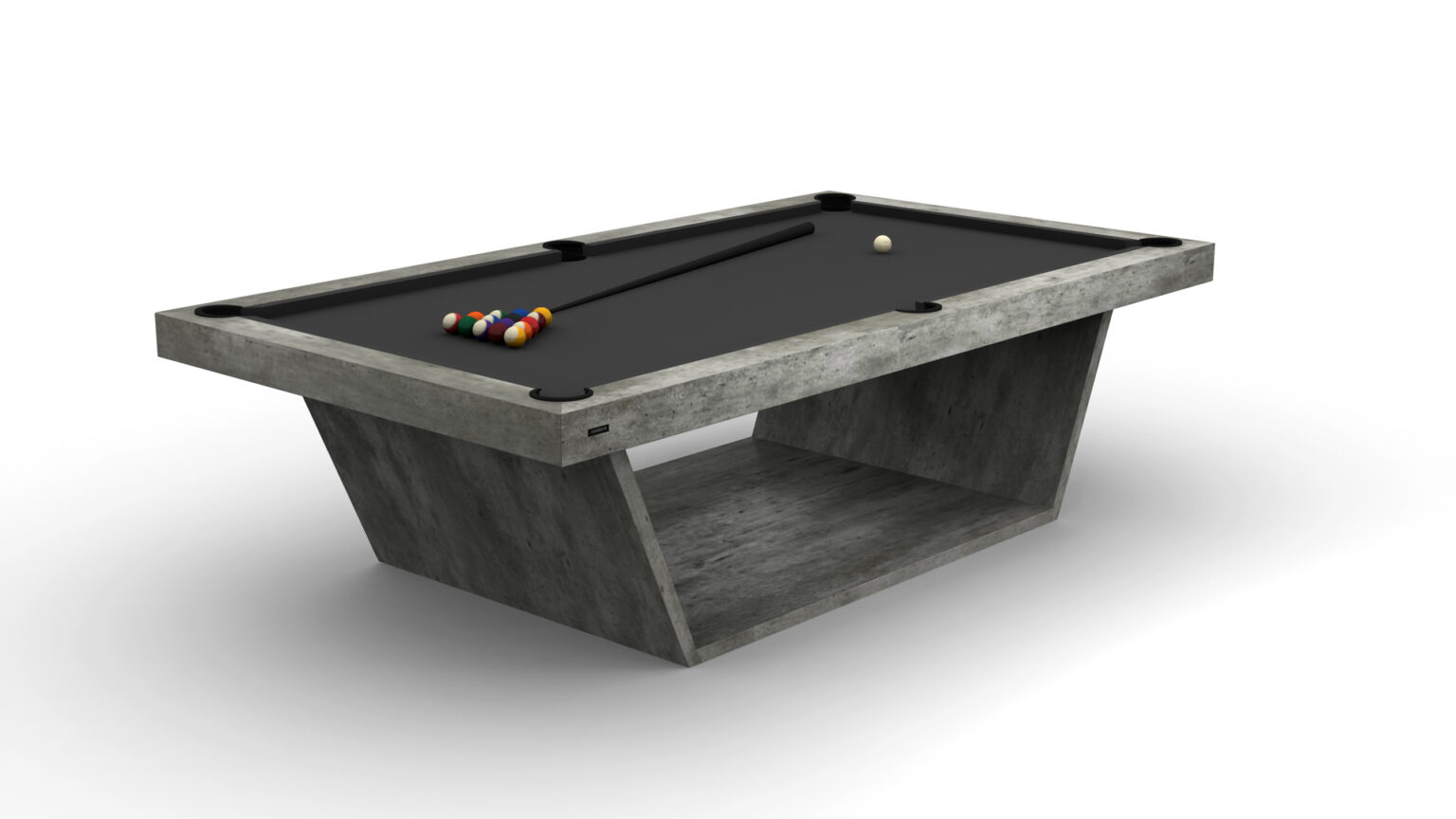 The Mesa Pool Table showcases a sleek, angular design with a gray textured base and a black playing surface, complete with pool balls and two cues. It exemplifies minimalist and contemporary luxury.