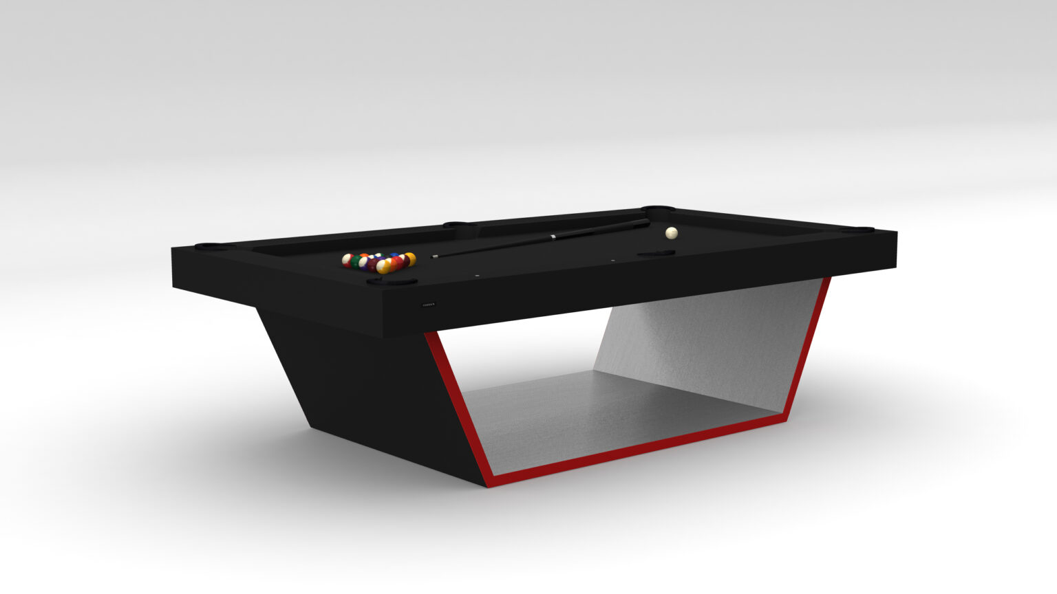 The Mesa Pool Table features a sleek, modern black surface with an angular base accented in red. It includes a triangle rack of billiard balls, a stylish cue stick, and the classic white cue ball, all set against a plain light gray background.