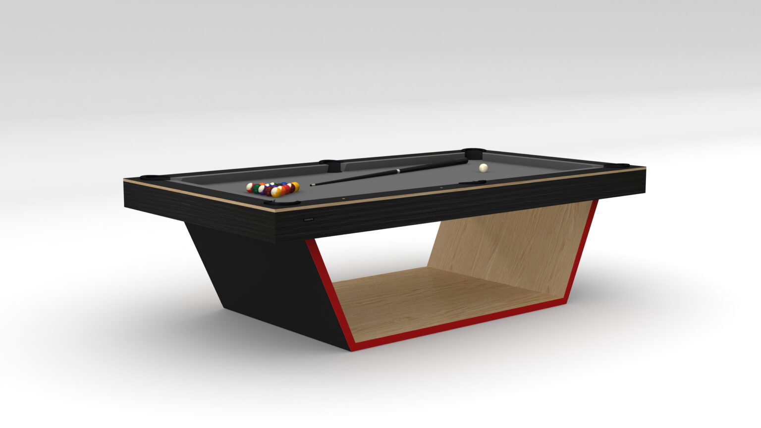 The Mesa Pool Table is a modern luxury game table with a sleek black, red, and wood design. It features a minimalistic triangular base and comes paired with pool balls and a cue on the dark playing surface set against a simple light gray background.