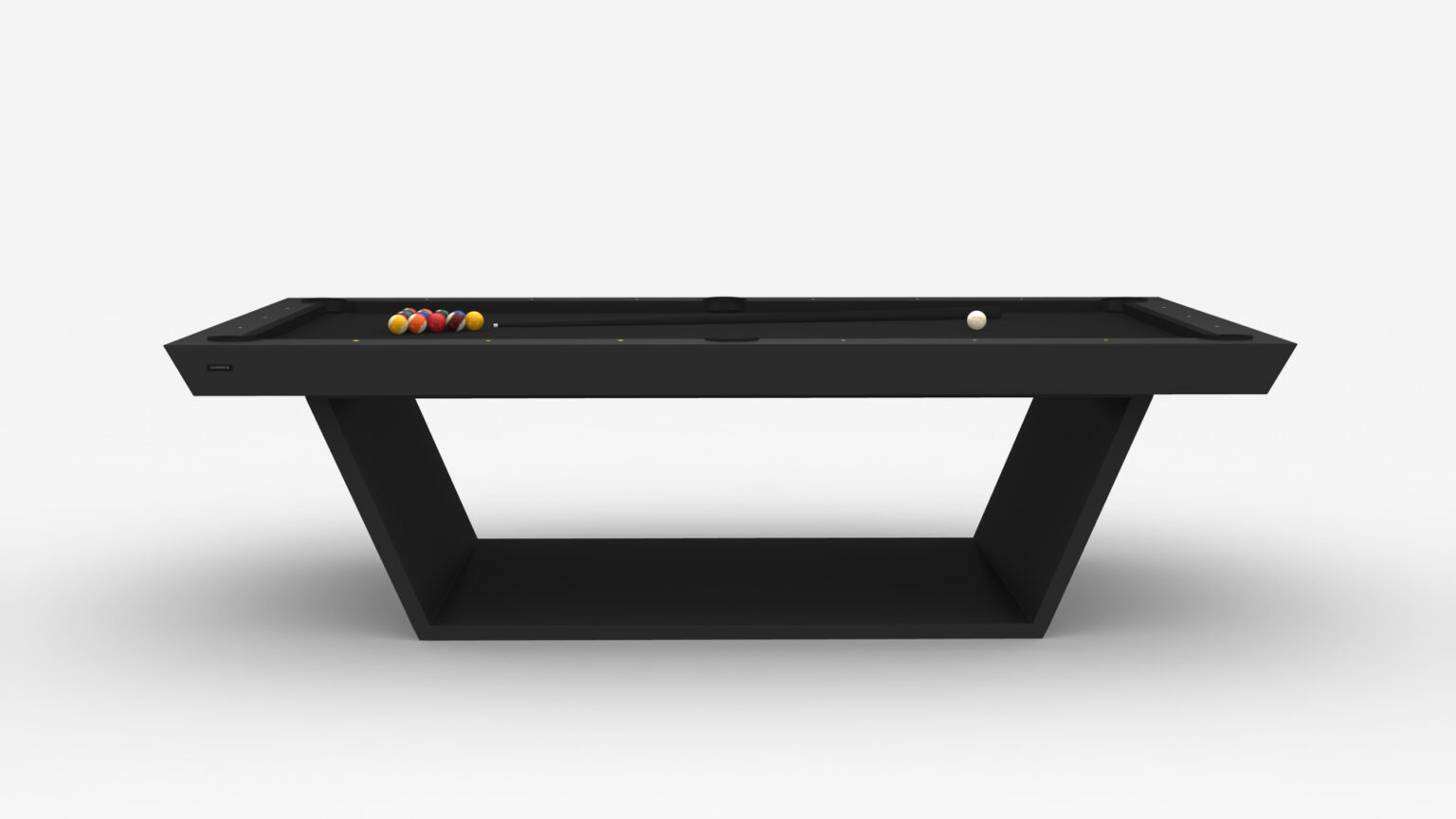 The Mesa Pool Table is a luxurious and modern black pool table with a distinctive geometric base. It showcases billiard balls and a cue ball elegantly arranged on its felt surface, set against a sleek white background.