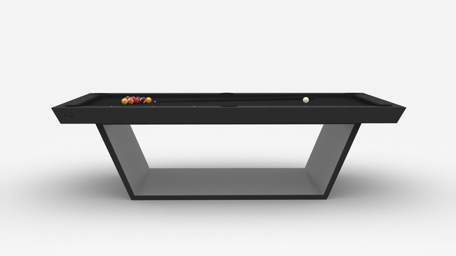 The Mesa Pool Table, with a sleek black finish and contemporary V-shaped base on a white background, epitomizes luxury. It features a cue ball and clusters of colorful balls arranged on the table.