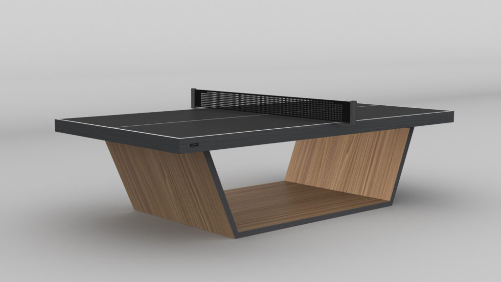 The Mesa Ping Pong Table features a sleek black playing surface with white lines, a matching black net, and an angled wooden base with a built-in shelf for storage, all in a modern contemporary design.