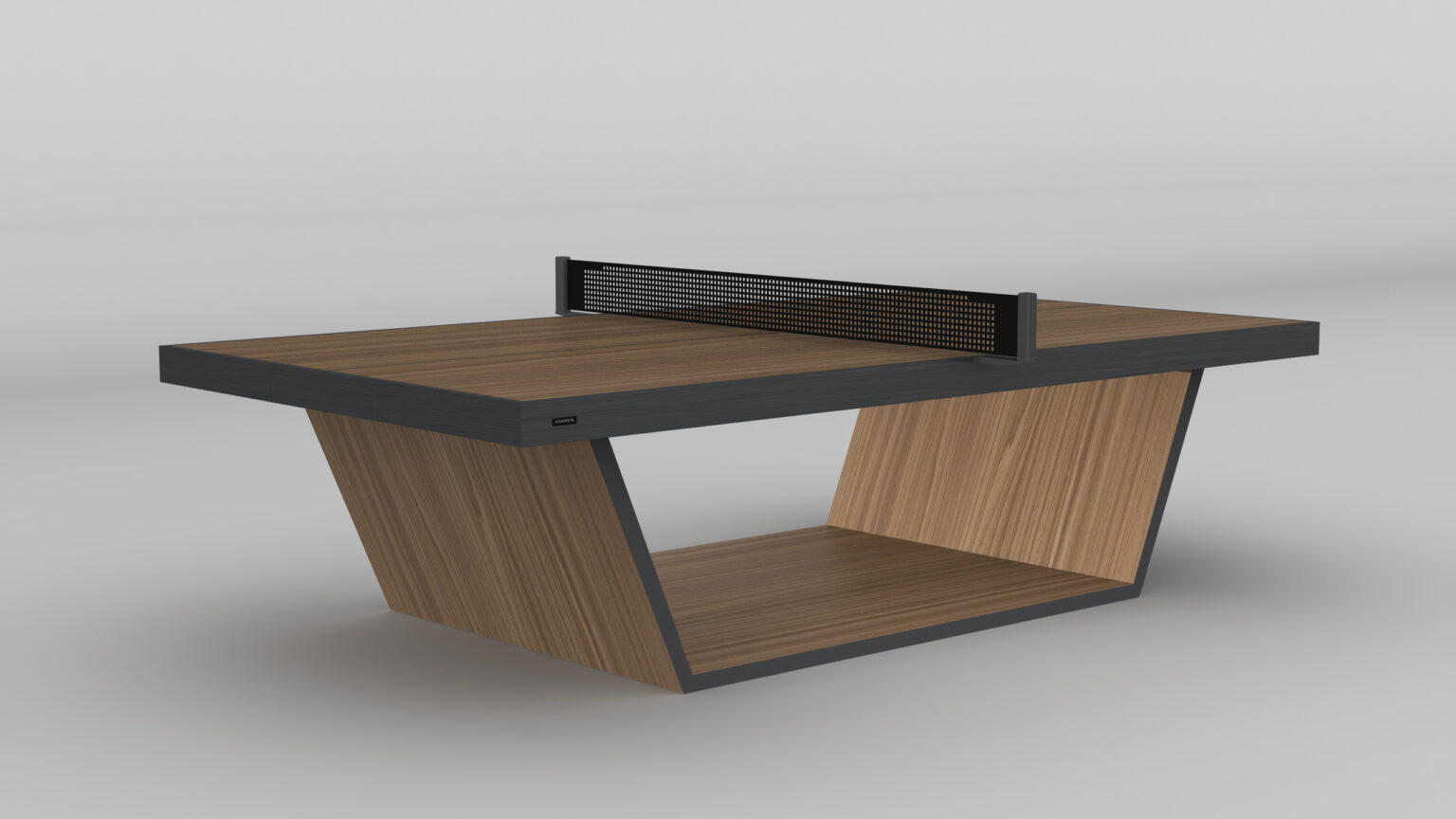 The Mesa Ping Pong Table features a modern wooden finish, black edges, an angled base, minimalist design, and a central black net, all set against a plain light gray background.