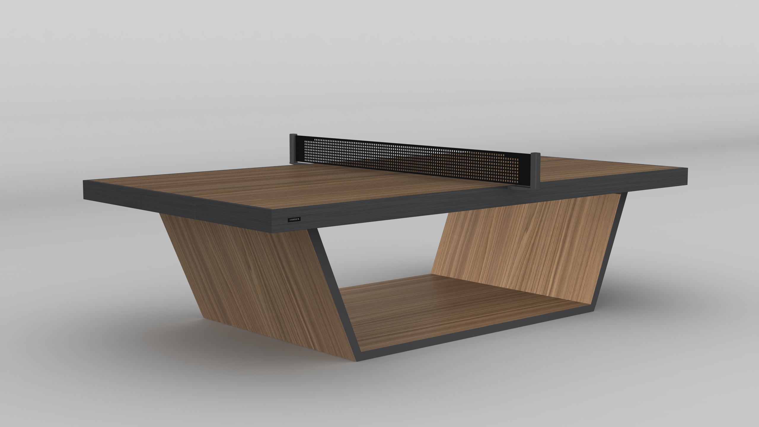The Mesa Ping Pong Table features a modern wooden finish, black edges, an angled base, minimalist design, and a central black net, all set against a plain light gray background.