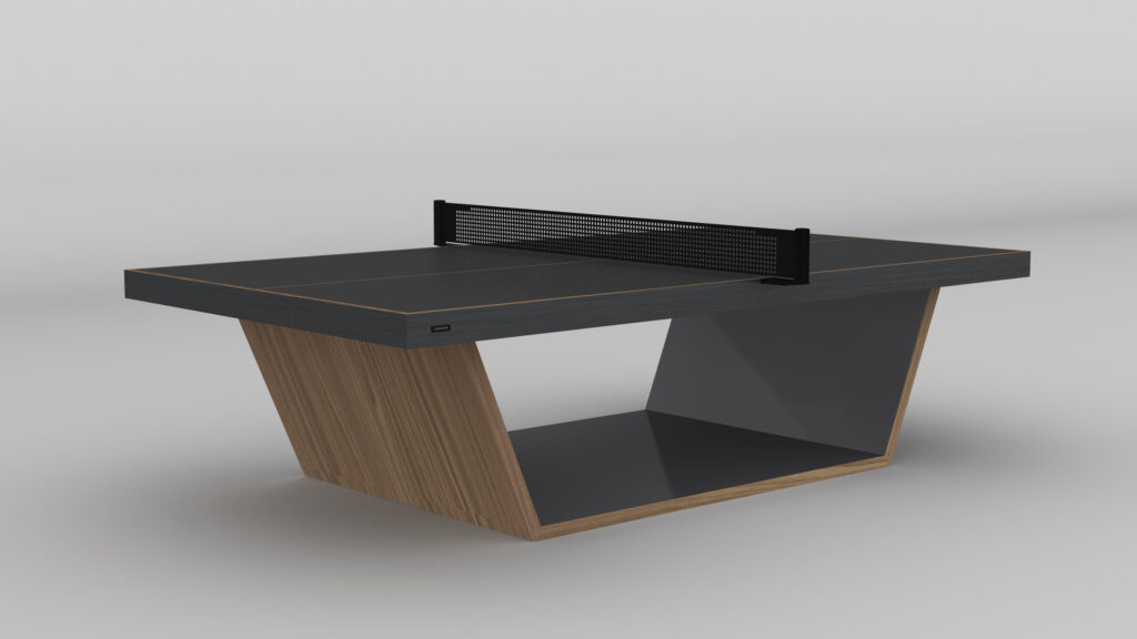 The Mesa Ping Pong Table features a modern design with a black top, wooden accents, an angled base, and a sleek net in the center, all set against a plain light background.