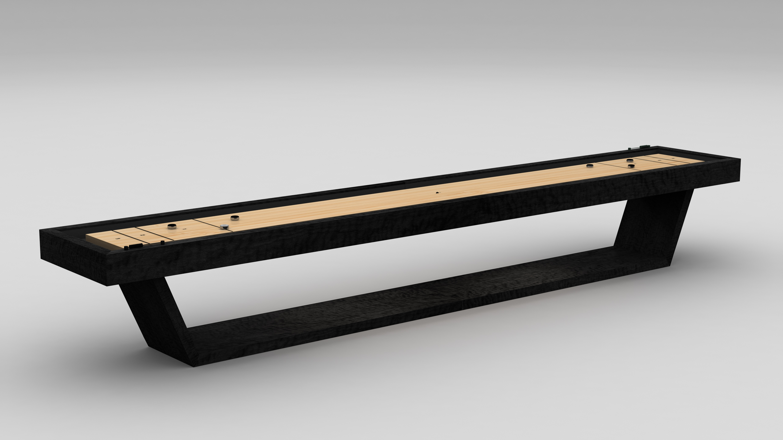 The Mesa Shuffleboard Table features a sleek, black angular base and a light wooden playing surface, set against a plain gray background, embodying modern luxury.