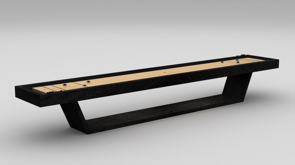 The Mesa Shuffleboard Table showcases a modern design with a light wooden playing surface and a sleek black angular base, all set against a neutral gray background.