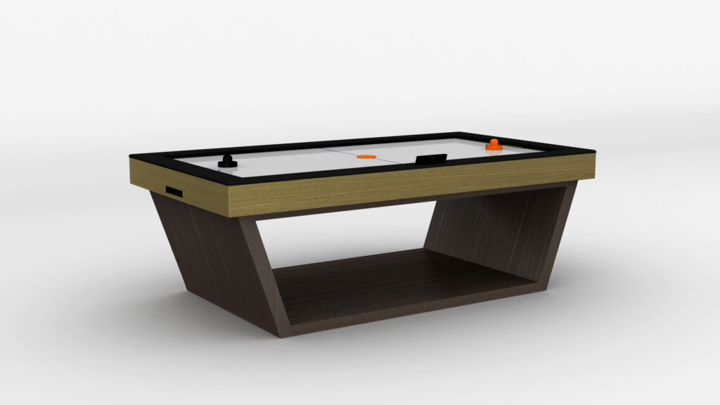 The Mesa Air Hockey Table features a modern wooden base, rectangular white playing surface, two strikers (black and orange), and an orange puck.