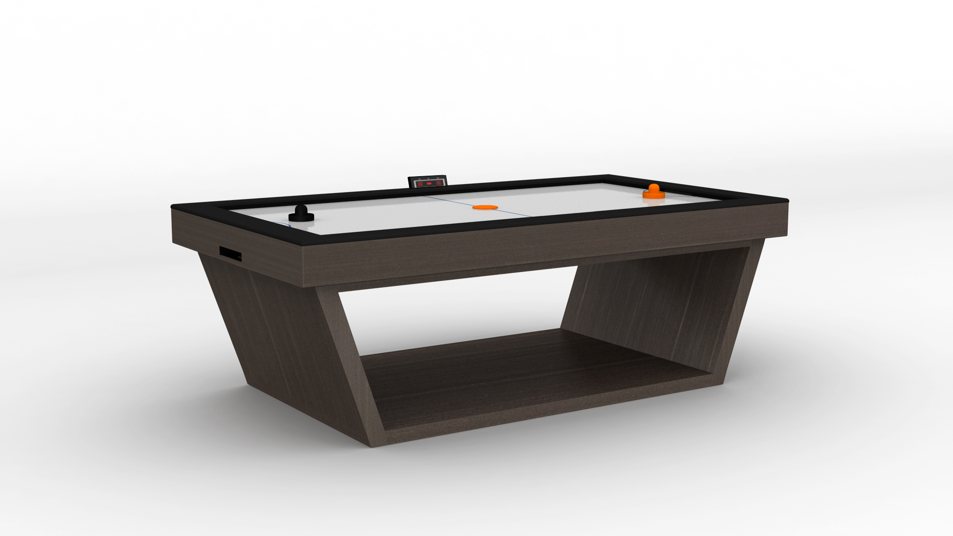 The Mesa Air Hockey Table features a dark wooden base, white playing surface, black and orange strikers, a central digital scoreboard, and a sleek design with an open shelf underneath for extra storage.