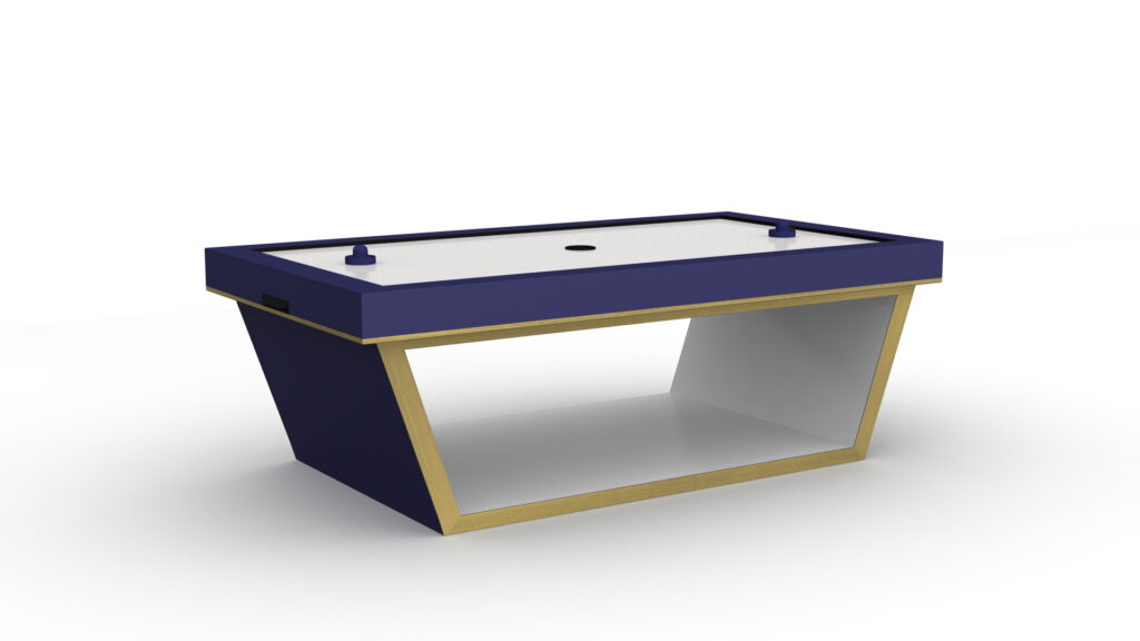 The Mesa Air Hockey Table features a blue and gold frame, clear sides, and a white playing surface. Its angular, modern design includes two paddles and a puck—an ideal centerpiece for contemporary game rooms.