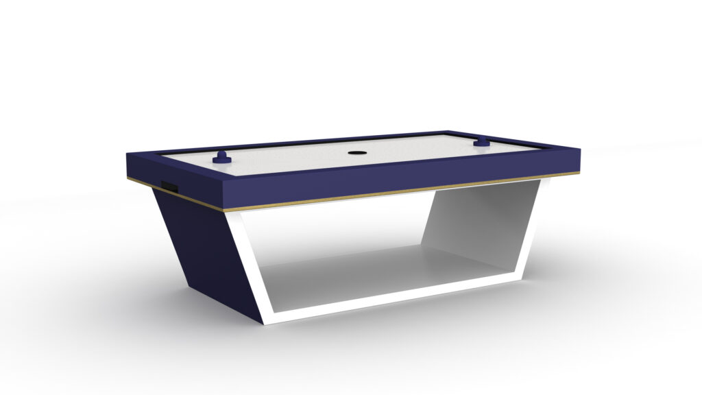 The Mesa Air Hockey Table features a modern design with a dark blue frame, white playing surface, and angled white legs. Two paddles and a puck are placed on the table against a plain white background.