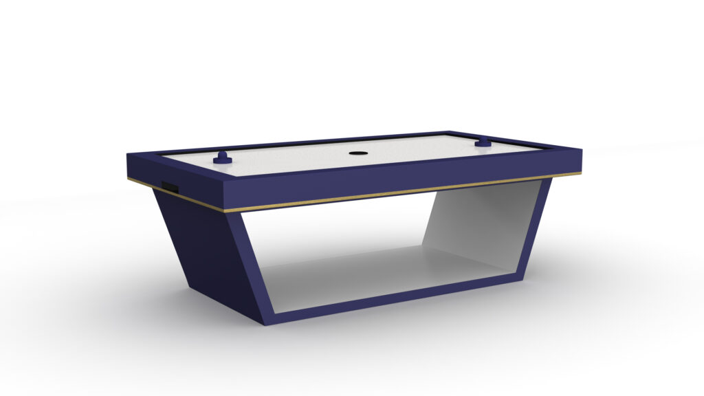 The Mesa Air Hockey Table features a modern design with a dark blue frame, gold trim, and angled legs. The white playing surface comes with two pushers and a puck, all set against a plain white background.