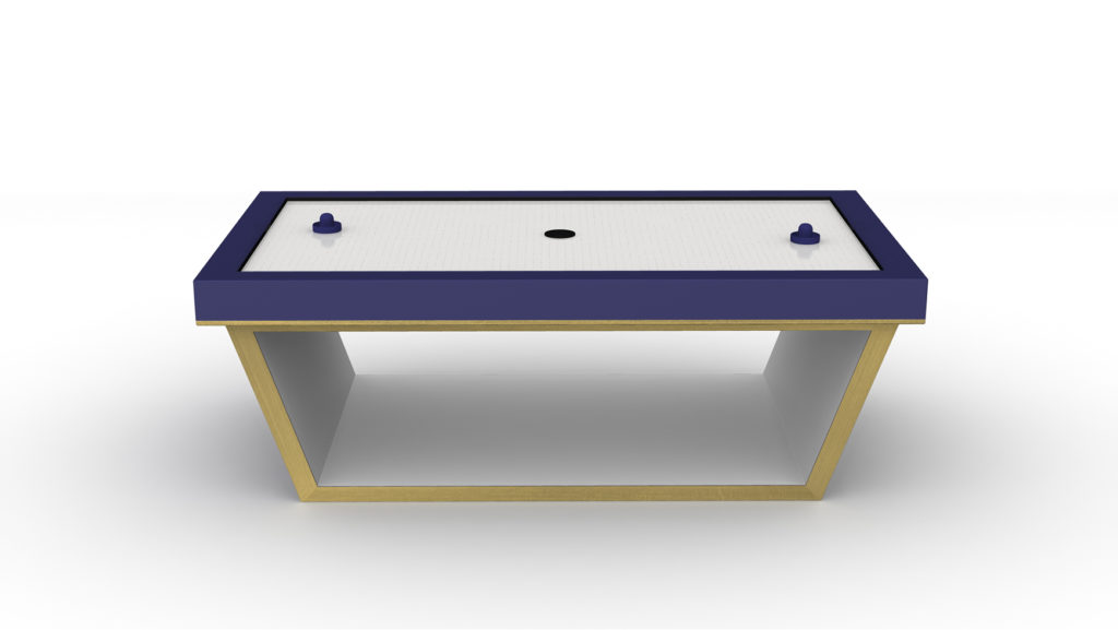 The Mesa Air Hockey Table features a sleek, modern design with a white and blue rectangular playing surface. Its open, angled rectangle base showcases two strikers and a puck on the surface.