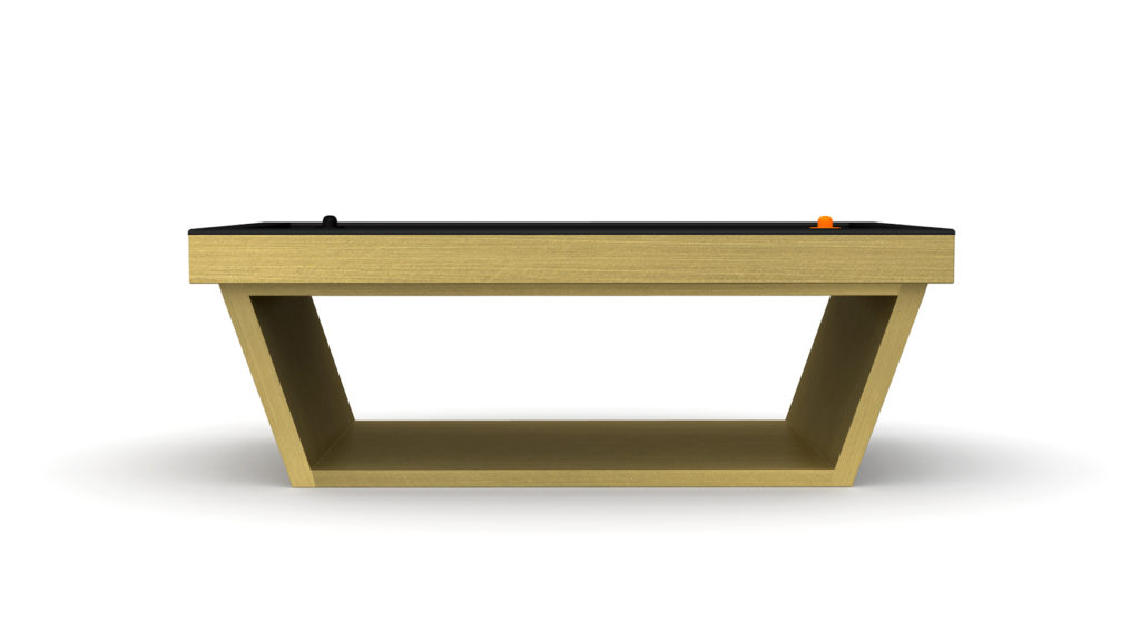 The Mesa Air Hockey Table features a modern trapezoidal wooden design with a sleek black top and open lower shelf. It holds two small items, one black and one orange, combining style and functionality reminiscent of luxury furniture.