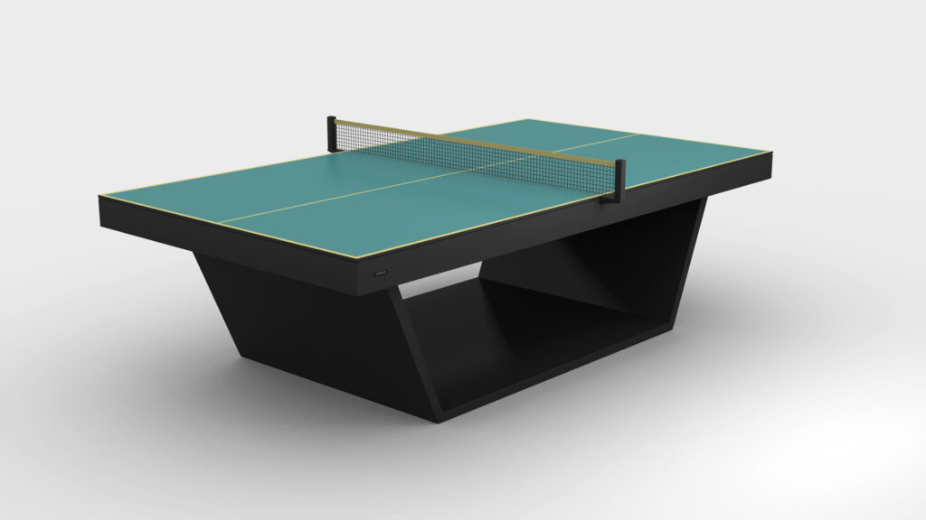 The Mesa Ping Pong Table features a modern teal surface with yellow lines and a sleek black geometric base, shown against a plain white background.