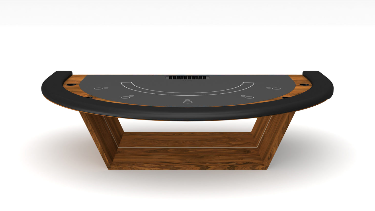 The Mesa Blackjack Table is a luxury wooden poker table with a green felt surface, semi-circular shape, padded edge, and marked positions for cards and chips, reminiscent of an exquisite blackjack table design.