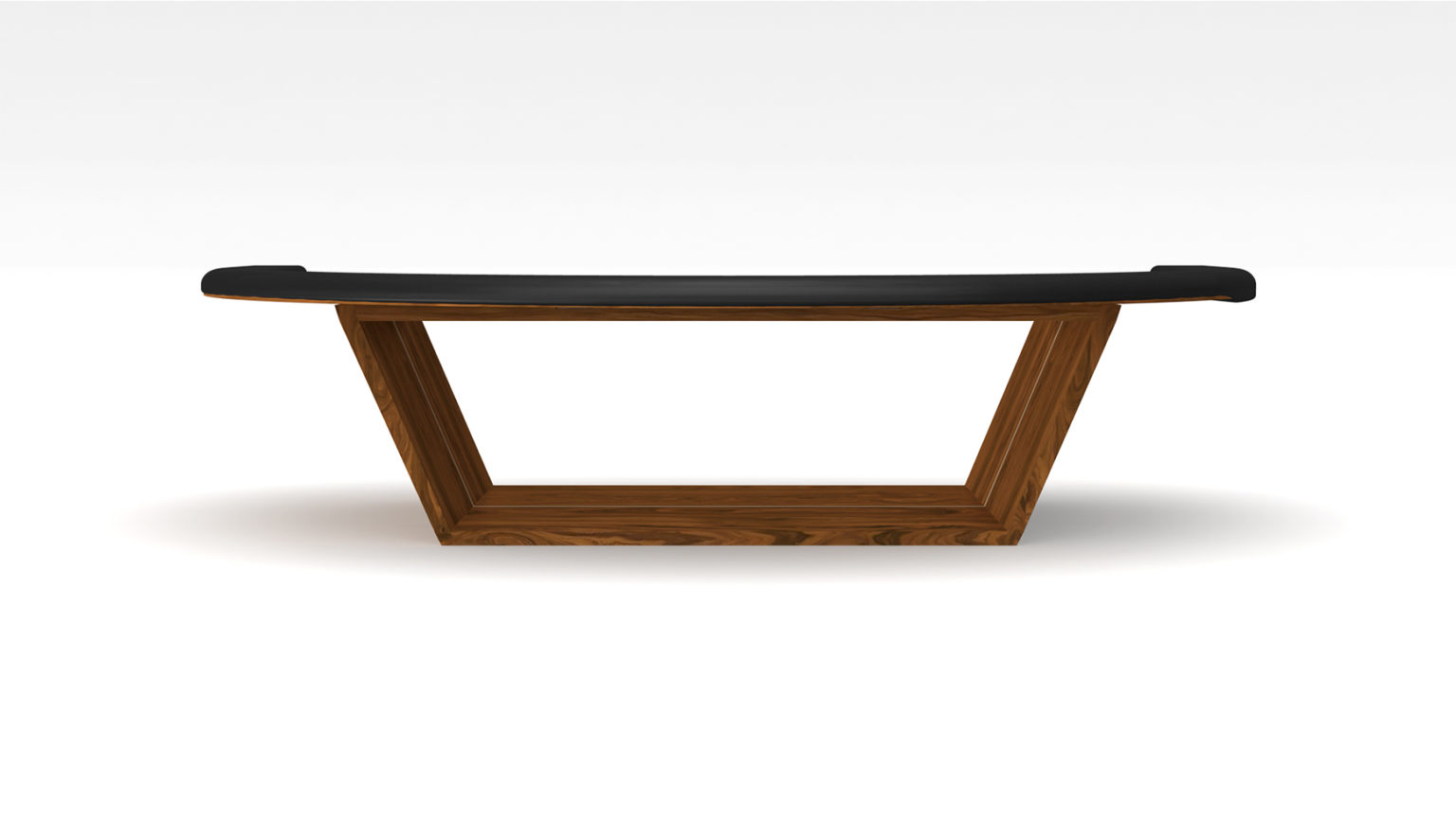 The Mesa Blackjack Table is a modern, minimalist wooden bench with a sleek black cushion on top. It has a geometric design akin to luxury mesas, featuring angled legs and a natural wood finish, set against a plain white background.
