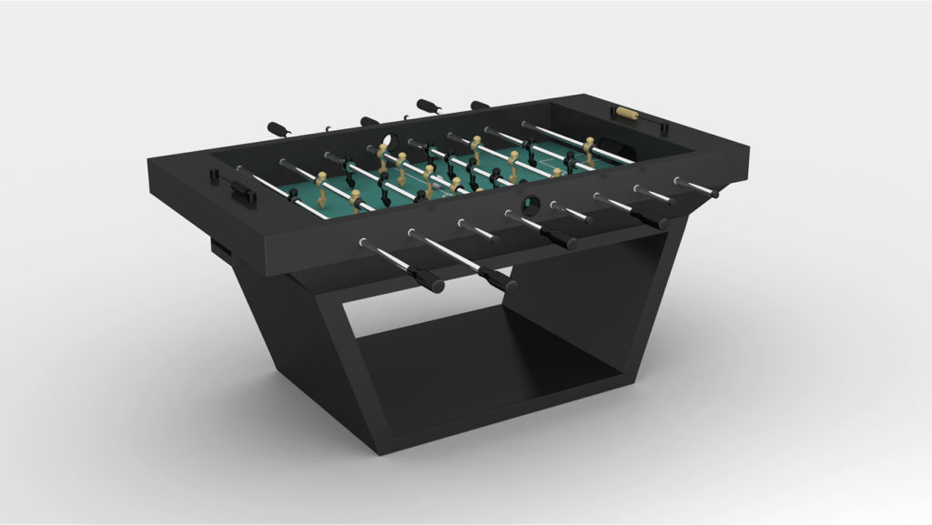 The Mesa Foosball Table, featuring a luxurious minimalist design with a modern black finish, is displayed on a plain white background. It showcases soccer figurines on a green playing field and sleek handles on both sides.