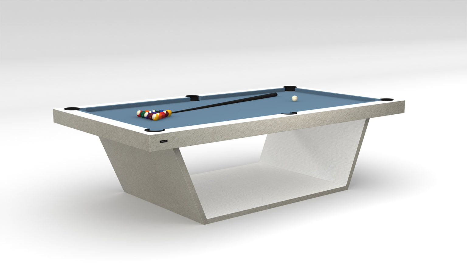 The Mesa Pool Table exudes modern minimalism with its sleek grey finish, unique angular base, and blue playing surface, where a cue stick, arranged balls, and a cue ball make it an elegant centerpiece for any sophisticated game room.