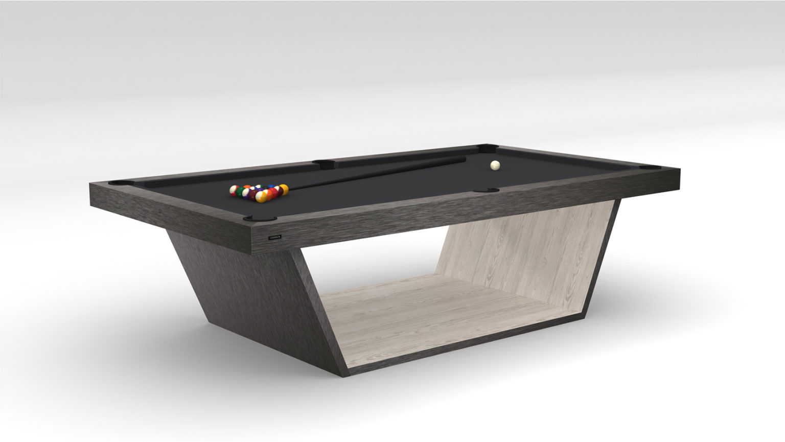 Introducing the Mesa Pool Table, a modern marvel featuring an angular design, sleek black top, and slanted open base for elegance. A set of pool balls invites endless play while the minimalist backdrop accentuates its refined allure.