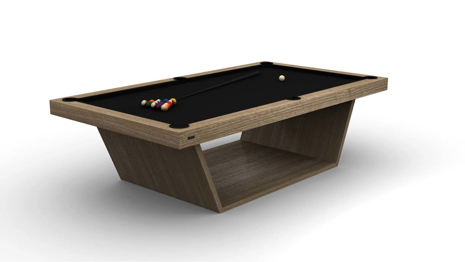 The Mesa Pool Table features a sleek, minimalist design with a modern wooden structure. Its black felt surface elegantly showcases billiard balls and a cue stick, all supported by a geometric wooden base.