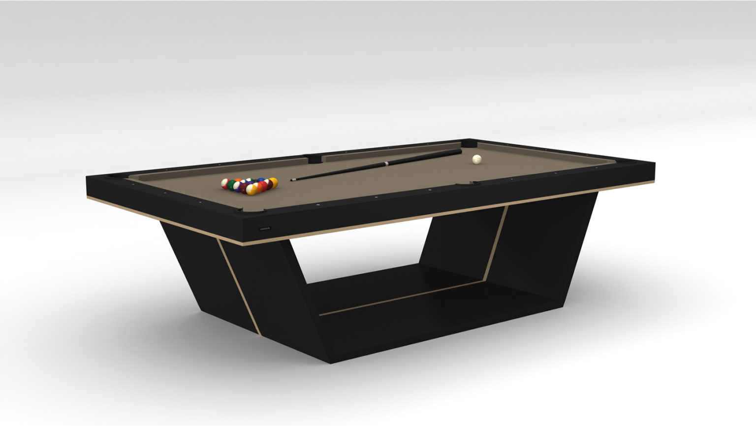 The Mesa Pool Table is a luxury game table featuring a sleek black design and unique geometric base, complete with a cue stick, cue ball, and racked colored balls on the playing surface. It enhances the minimalist aesthetic of the room with its light gray background.