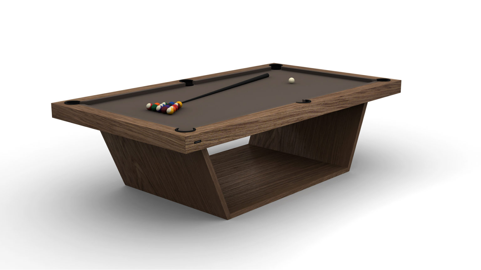 The Mesa Pool Table showcases a luxury, minimalist design with an angled base. This modern wooden piece includes racked billiard balls, a cue stick, and a white cue ball.
